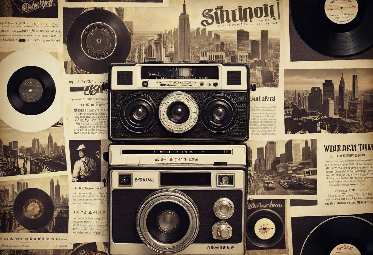 An artistic collage showcasing nostalgic elements of retro culture, including vintage vinyl records, classic film cameras, and iconic retro clothing. Incorporate sepia tones to evoke a sense of nostalgia, alongside subtle hints of retro text and patterns. The background should feature blurred cityscapes, suggesting a journey through time. Include soft lighting to enhance the sentimental feel. painting. sepia tones. nostalgic aesthetic.