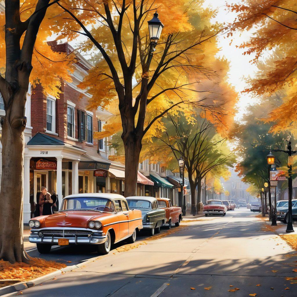 A nostalgic scene depicting an old-fashioned street filled with vintage shops, quaint lampposts, and classic cars from the 1950s. In the foreground, a couple dressed in period attire shares a tender moment, surrounded by autumn leaves. Soft sunlight filters through, casting a warm glow over the scene, evoking a sense of history and charm. The backdrop features a majestic clock tower, symbolizing the passage of time. watercolor painting. warm colors. vintage style.