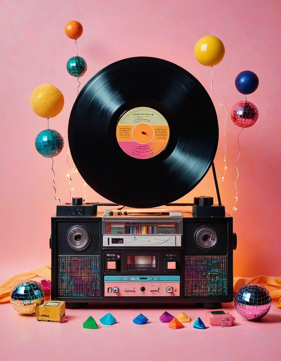 A whimsical collage of retro items such as a vintage vinyl record, an old-school cassette player, and colorful disco balls, surrounded by iconic 80s and 90s pop culture references like neon signs and retro video games. Add a soft glow to elements to evoke warmth and nostalgia. Incorporate a faded pastel color palette to emphasize the vintage feel. artistic retro style. vibrant colors. textured background.